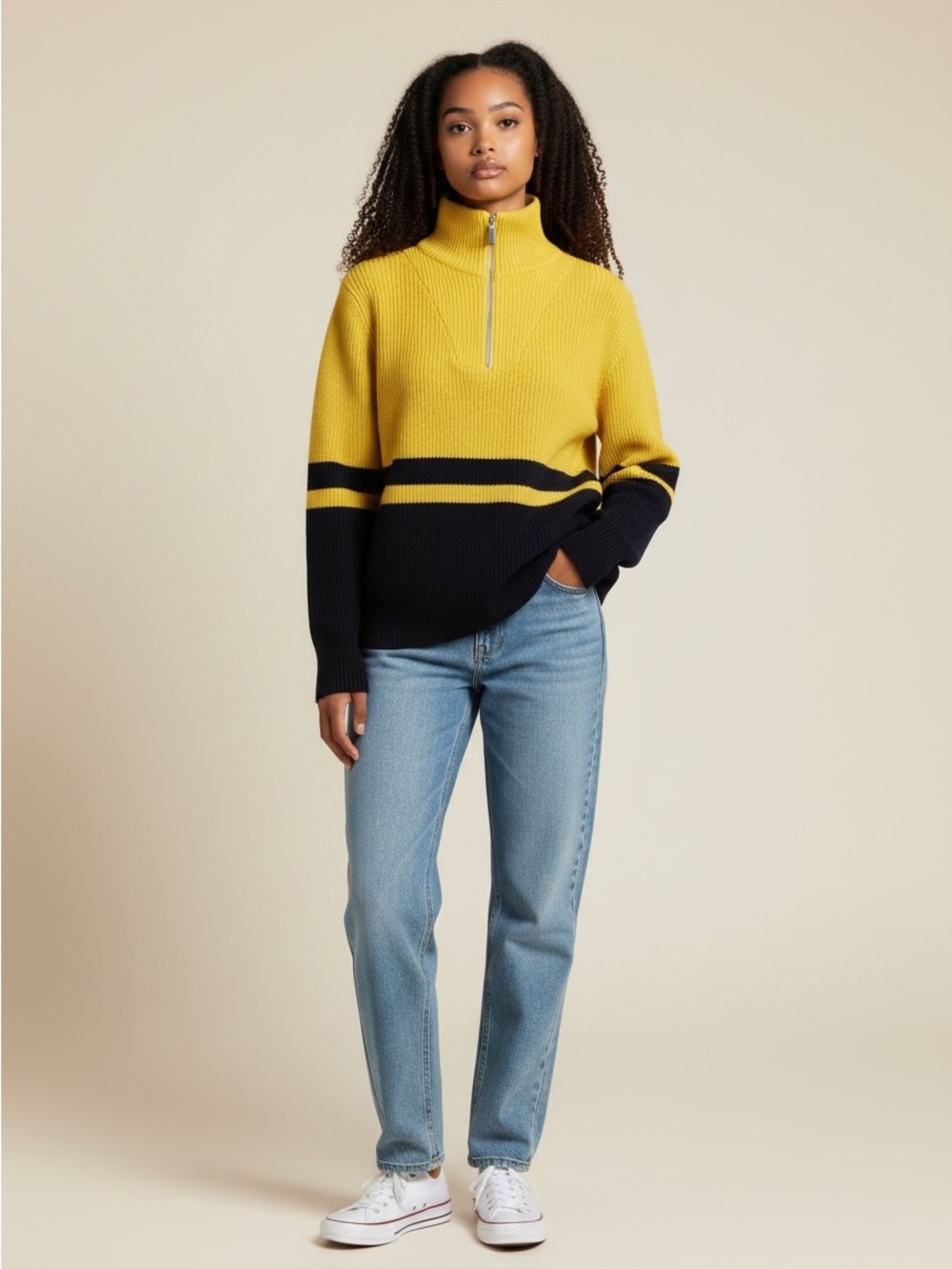 Vintage Lauren Active by Ralph Lauren 1/4 Zip Knit Rugby Sweater Yellow/Navy